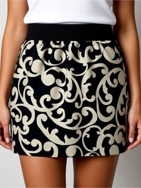 LOFT Ann Taylor Mini Skirt Cotton Silk Size 6 Stretchy Waistband Black Beige